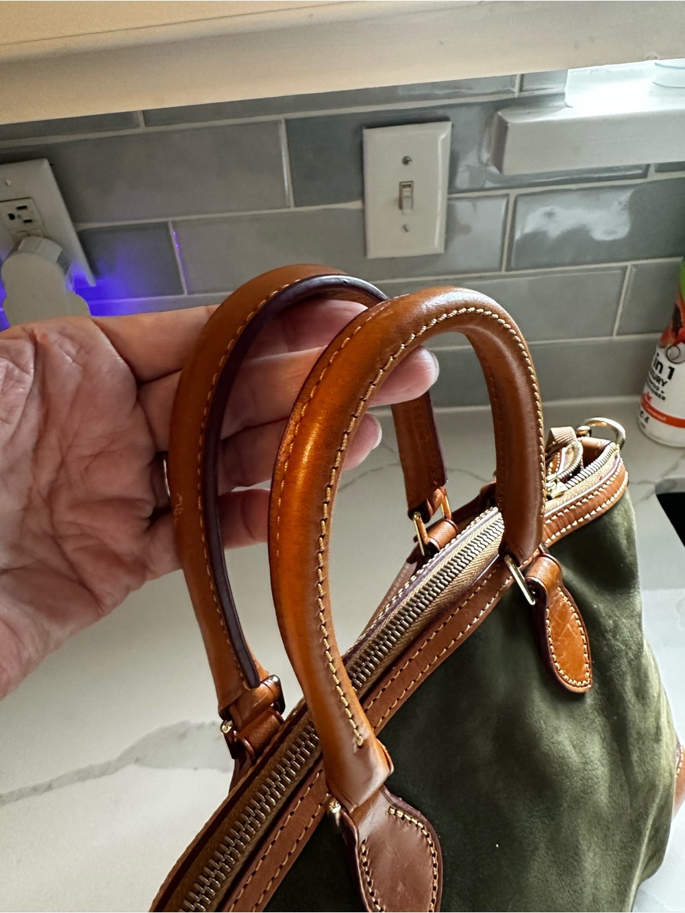 Dooney & Bourke Olive and Tan Leather-Trimmed Satchel - Picture 3 of 9